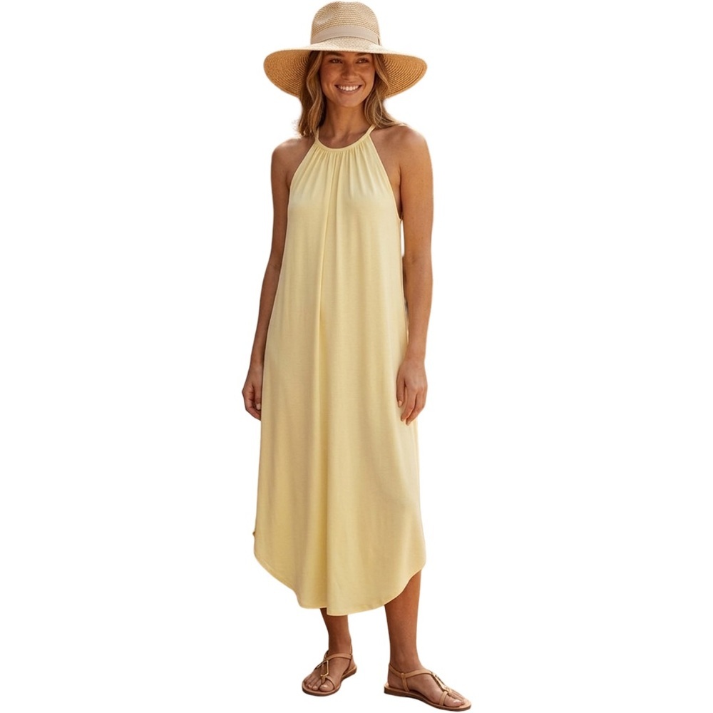 Double Zero Yellow Modal Blend Dress Raw Edge Halter Midi Flowy Size Large